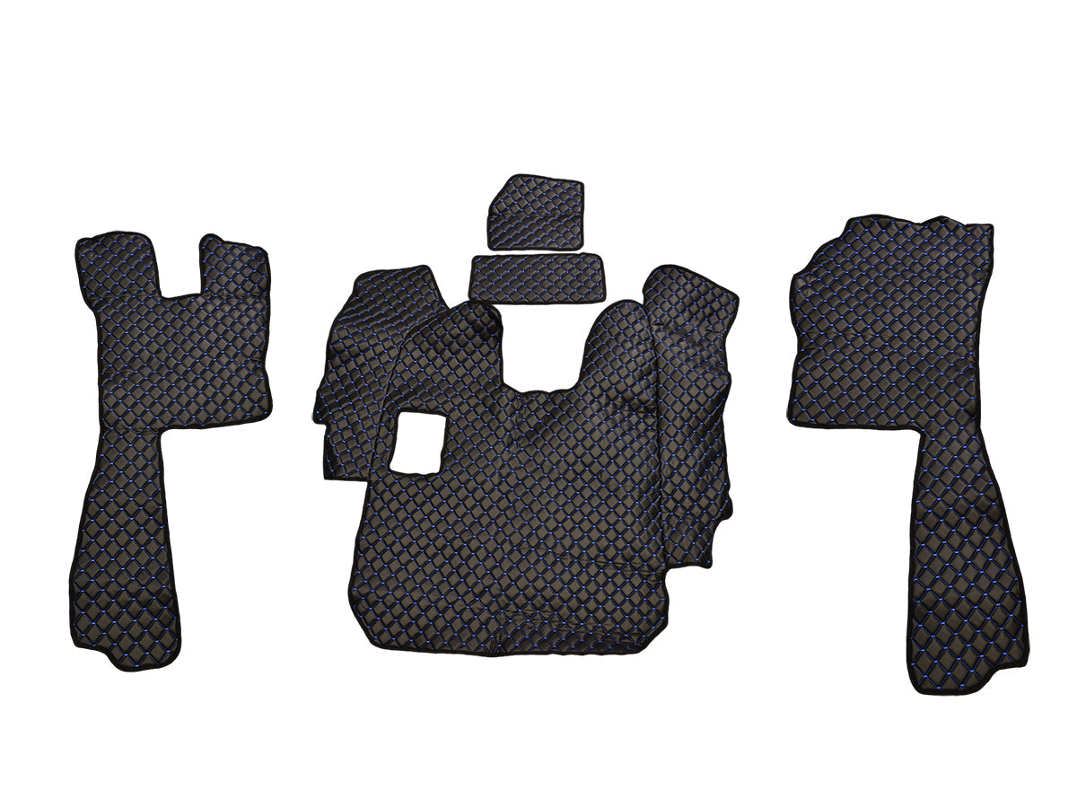 Tapis de sol en cuir – adapté pour Scania R 2005–2010, boîte manuelle, noir avec surpiqûres bleues