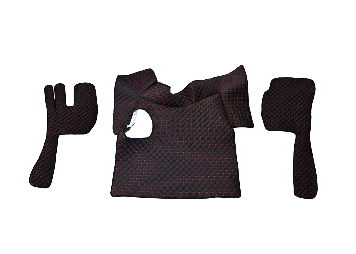 Tapis de sol en cuir – adapté pour Volvo FH12/FH16 boîte manuelle 2002–2012, noir avec surpiqûres rouges