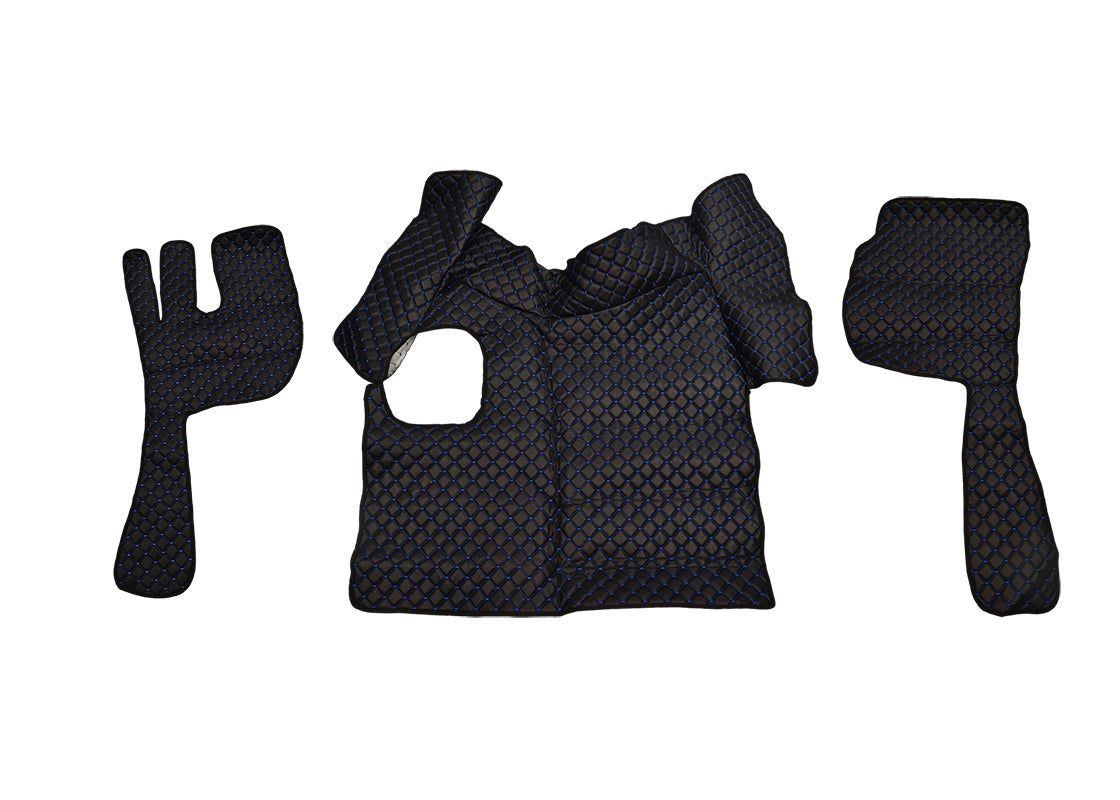 Tapis de sol en cuir – adapté pour Volvo FH12/FH16 boîte manuelle 2002–2012, noir avec surpiqûres bleues