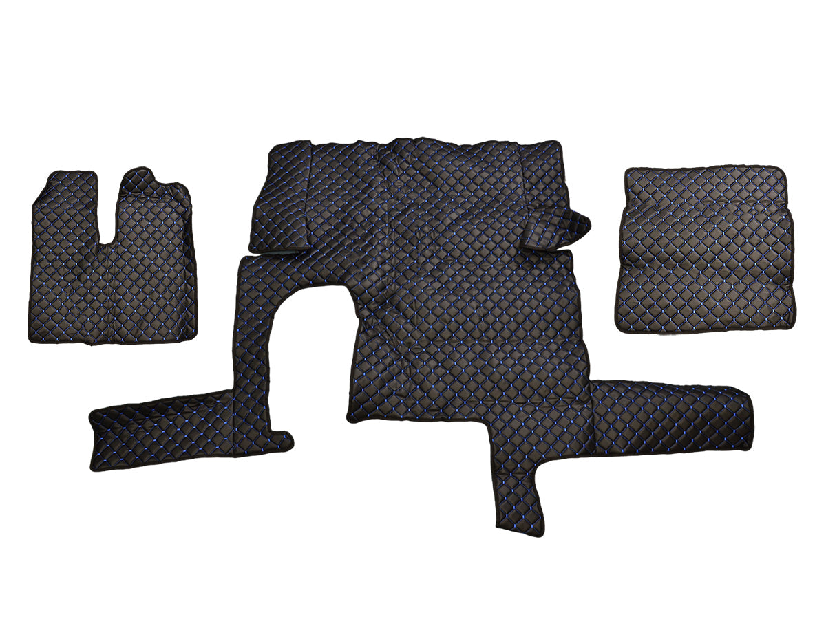 Tapis de sol en cuir – adapté pour MAN TGX boîte automatique, tiroir simple, noir avec surpiqûres bleues, jusqu’en 2018