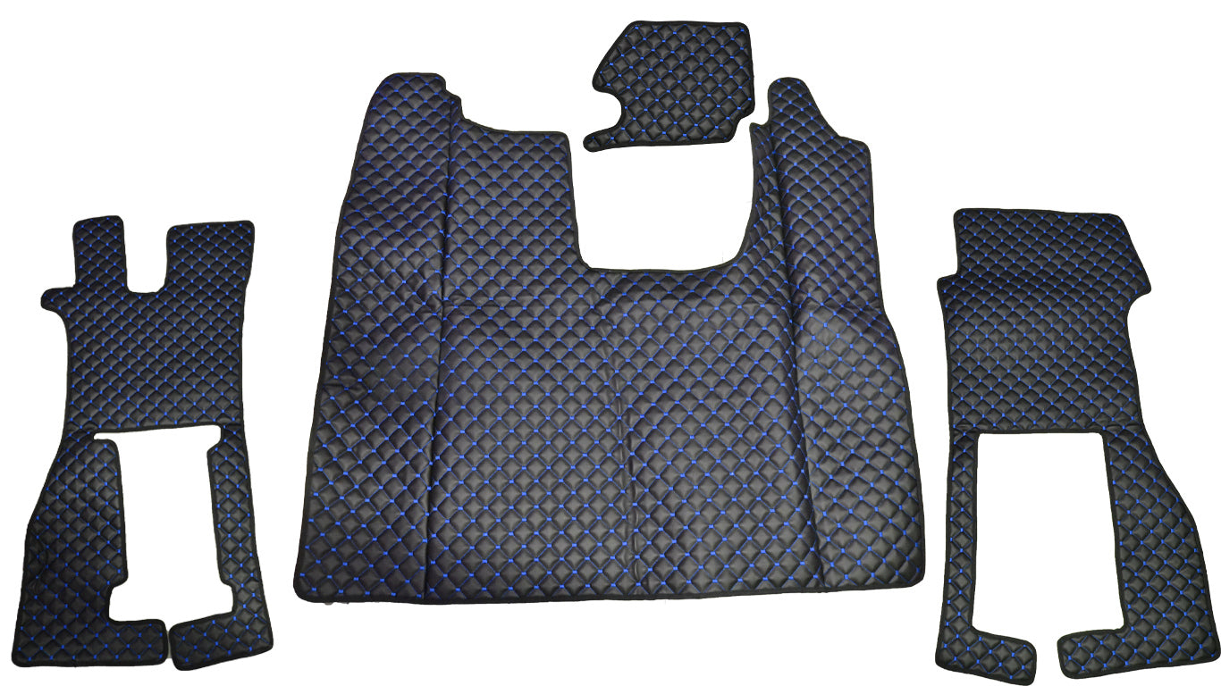 Tapis de sol en cuir – adapté pour siège passager suspendu Scania R, noir avec surpiqûres bleues, à partir de 2016, à suspension pneumatique