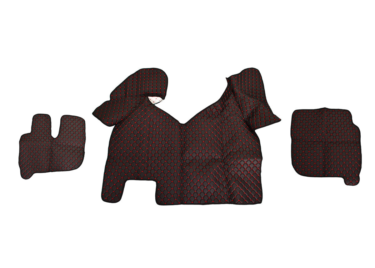 Черни подови стелки от изкуствена кожа (еко кожа) – подходящ за Iveco Hi Way, с червен шев