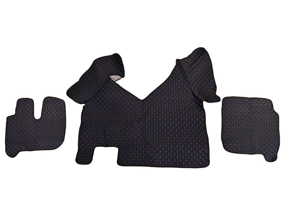 Tapis de sol en cuir synthétique noir – adapté pour Iveco Hi Way avec surpiqûres bleues