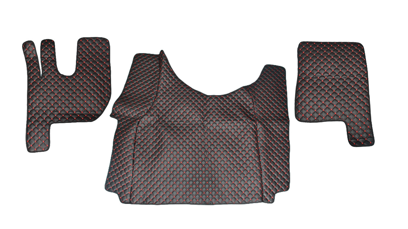 Black Eco Leather Floor Mats – suitable for Renault Gama T Tunnel, Red Stitching, Anti-Slip