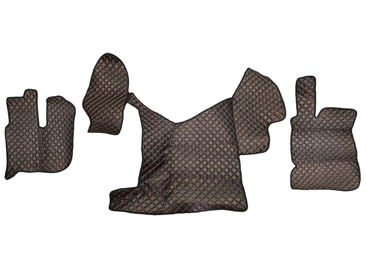 Черни подови стелки от изкуствена кожа (еко кожа) – ръчна скоростна кутия, червен шев, подходящ за Renault Premium