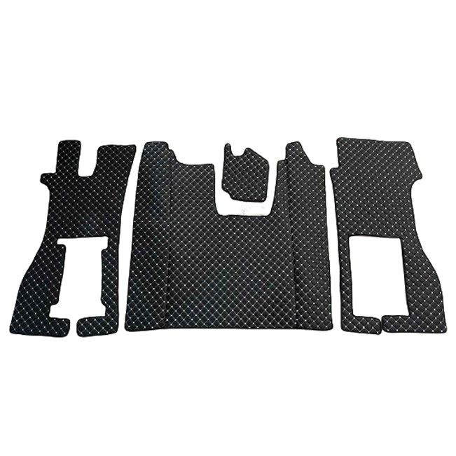 Tapis de sol en cuir synthétique (éco-cuir) noir – adapté pour Scania R 2016+, surpiqûres blanches
