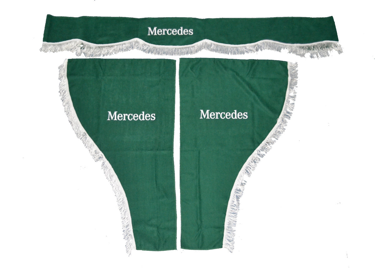Truck Curtain Set – 3 Pieces, Green with White Fringe, Suitable for Mercedes Trucks