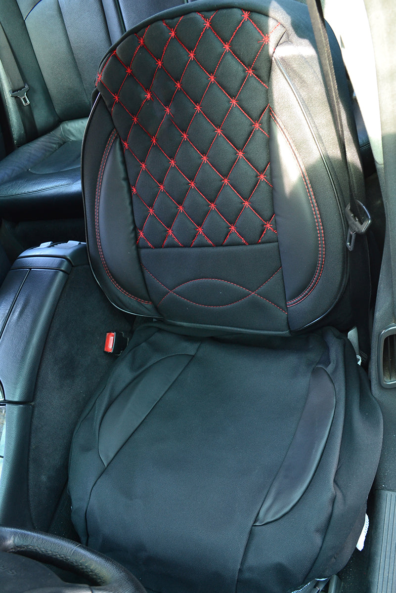 Universal Car Seat Cover Set, 2-Piece Front, Black Jacquard and Leather with Red Stitching