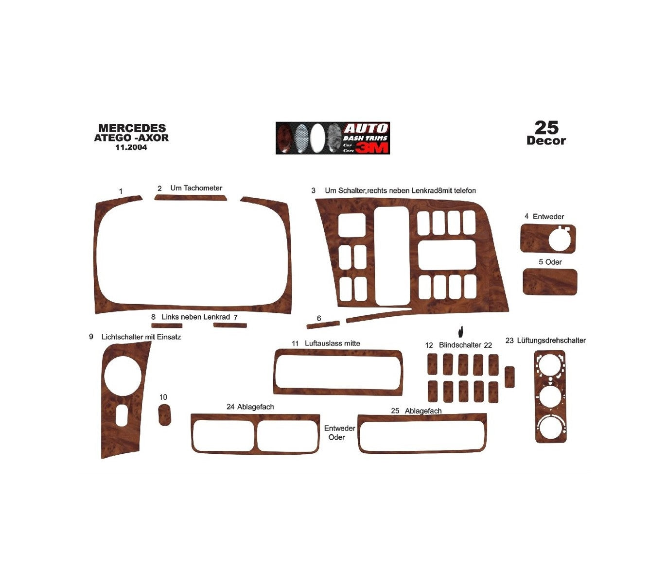 Mahagoni-Silikon-Armaturenbrett-Aufkleberset – geeignet für Mercedes Atego und Axor ab 2004, 34-teilig