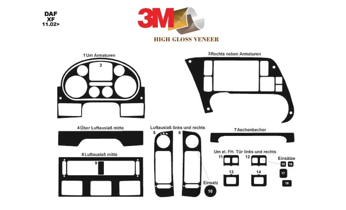 Kit d’autocollants de tableau de bord en silicone effet acajou – adapté pour DAF XF 2002–2006, 26 pièces