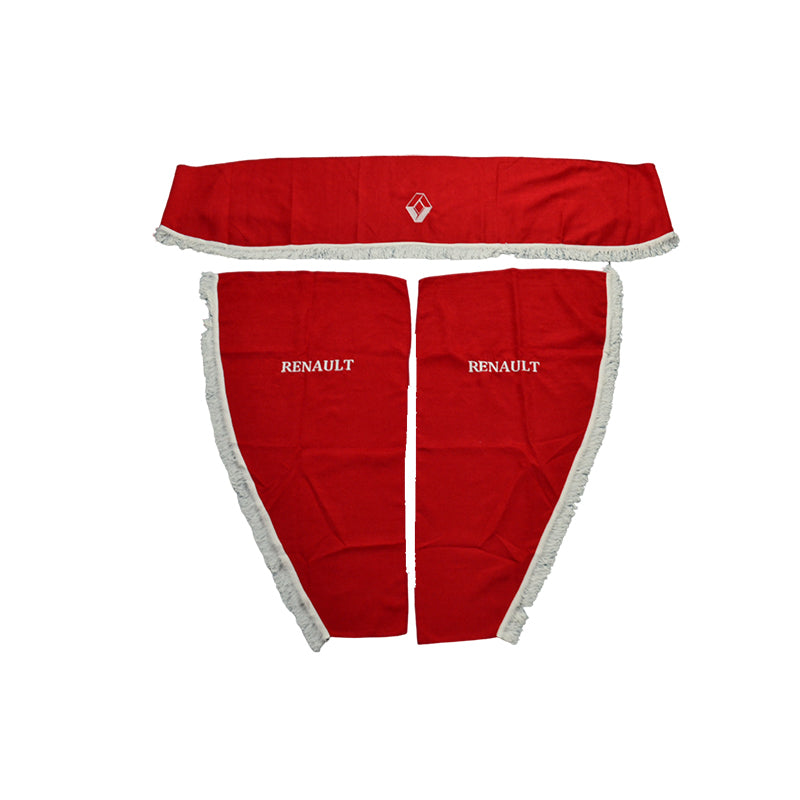 Jeu de rideaux pour camion adapté pour Renault – 3 pièces, rouge avec franges blanches, logo