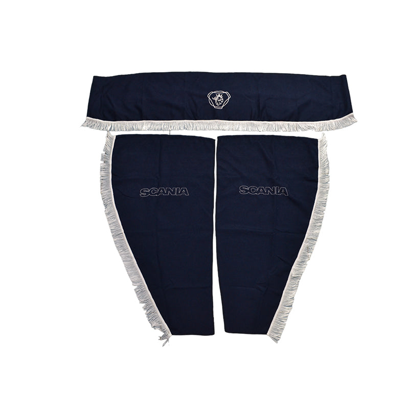 Truck Cabin Curtain Set – suitable for Scania, 3-Piece, Blue with White Tassels, With Emblem