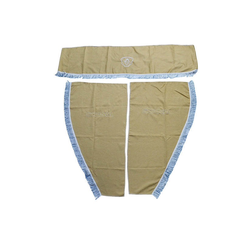 Truck Curtain Set suitable for Scania – 3-Piece Beige with White Tassels and Emblem