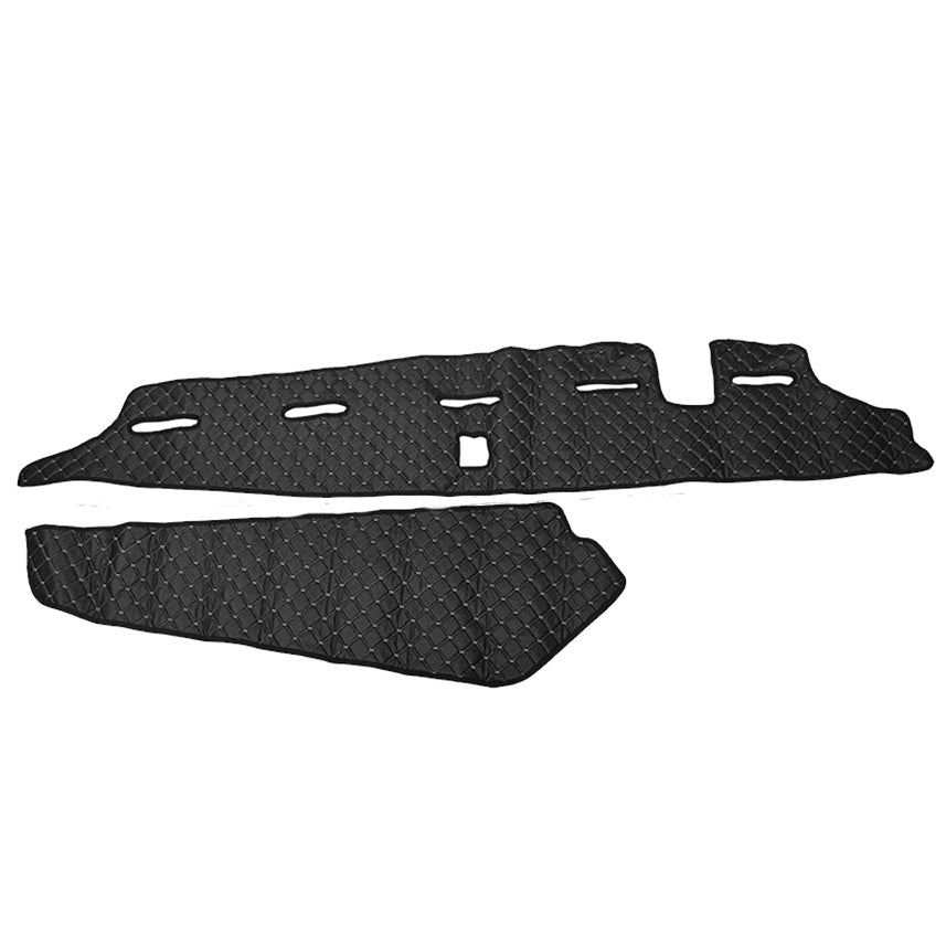 Jeu de tapis de tableau de bord en cuir synthétique (éco-cuir) – adapté pour Volvo FH5 (2020+), conduite à droite, avec capteur, 2 pièces, noir avec surpiqûres blanches