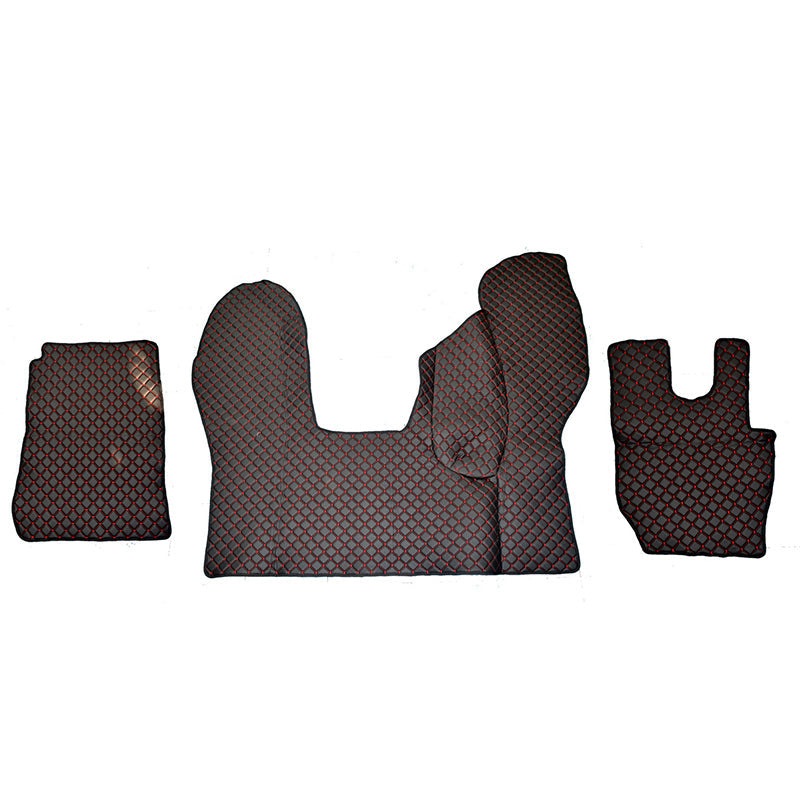 Tapis de sol en cuir synthétique (éco-cuir) pour conduite à droite – adapté pour DAF CF Euro 6 boîte automatique, noir avec surpiqûres rouges