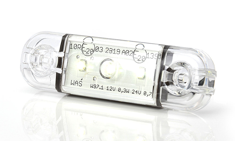 Бяла LED габаритна светлина – 3 LED диода, 12/24 V, 83×24×10 mm, междуосие на болтовете 61 mm