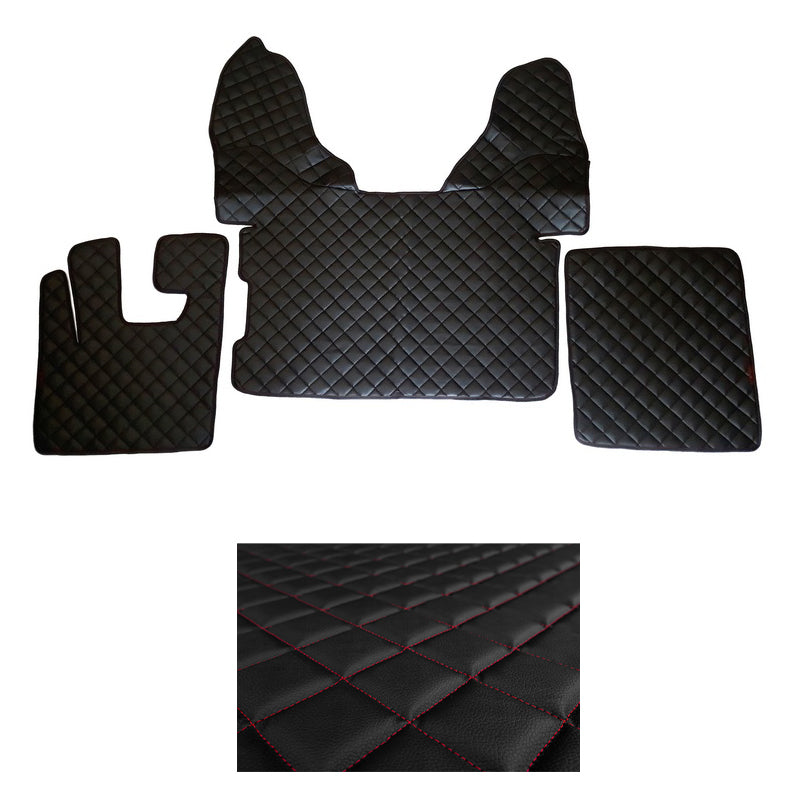 Tapis de sol en cuir synthétique (éco-cuir) noir – adapté pour DAF 105, surpiqûres rouges, 2009+