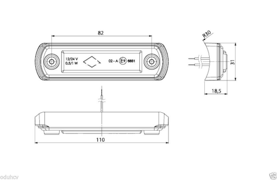 Feu de gabarit LED pour arceau de sécurité, lentille blanche, 12/24 V