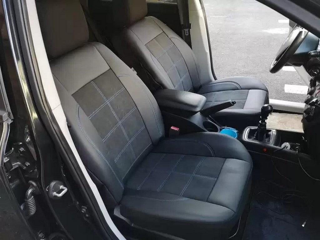 Housses de siège auto universelles en cuir synthétique noir (éco-cuir) et Alcantara avec surpiqûres bleues