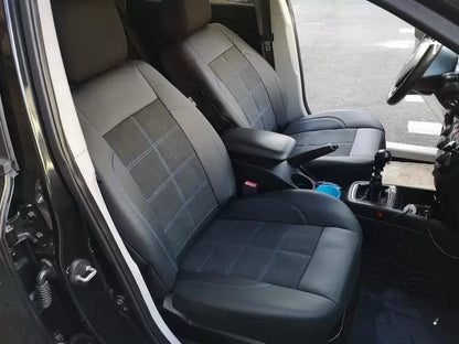 Housses de siège auto universelles en cuir synthétique noir (éco-cuir) et Alcantara avec surpiqûres bleues