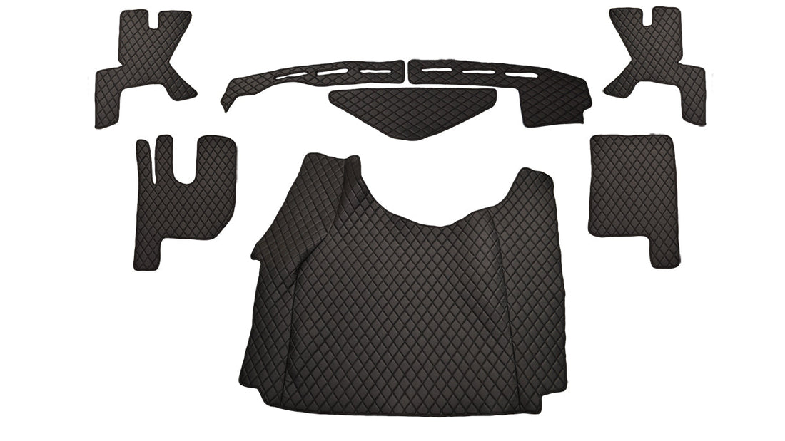 7-Piece Floor, Door and Dashboard Mat Set – suitable for Renault Gamma T Tunnel, Black Eco Leather with Black Stitching