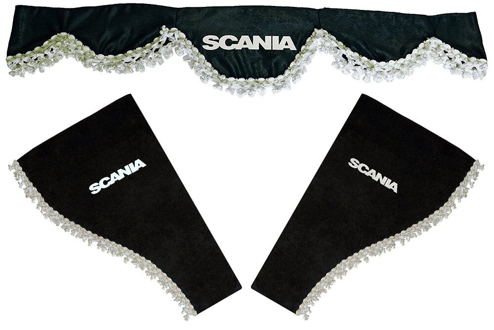 Jeu de rideaux pour camion adapté pour Scania – 3 pièces noir, lambrequin avant 220 x 15 cm, rideaux latéraux 55 x 90 cm