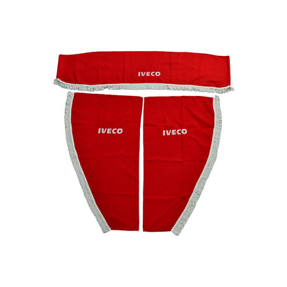 Jeu de rideaux pour camion adapté pour Iveco – 3 pièces, rouge avec frange blanche et logo