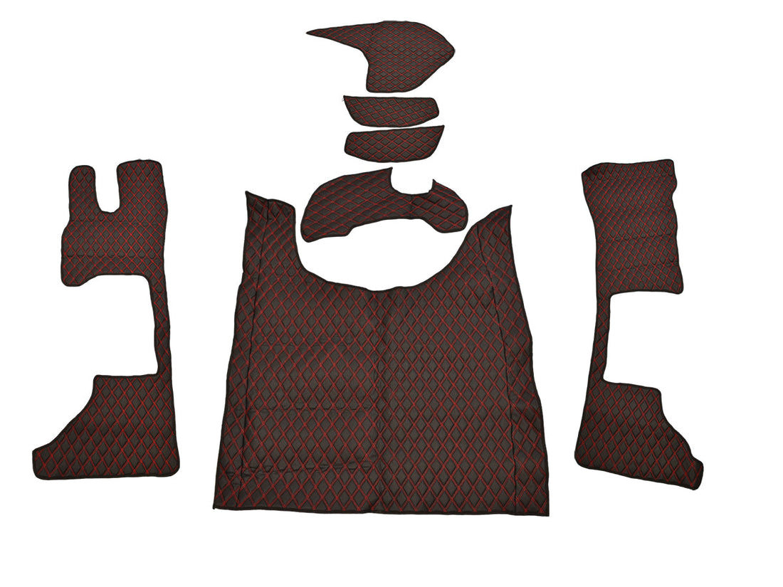 Jeu de tapis de sol adapté pour DAF XG 2022+ – Empattement long, 8 pièces, cuir synthétique noir (éco-cuir) avec surpiqûres rouges doubles