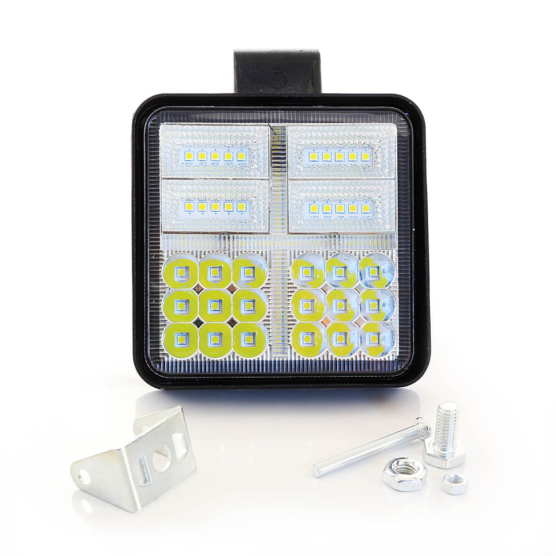 Quadratische LED-Arbeitsleuchte, 54 LEDs, 2 Modi mit Tagfahrlicht (DRL), 107 x 107 x 25 mm, Bodenbefestigung