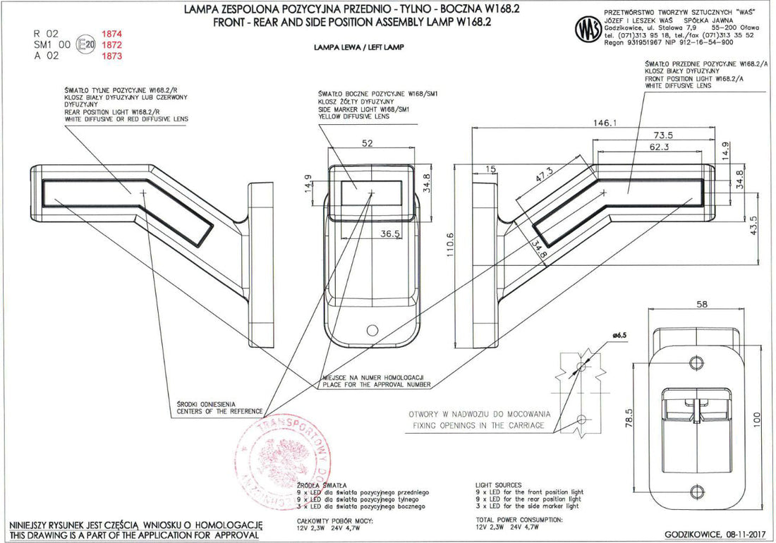 Dreifach-LED-Positionsleuchte Hornform rechts Neon Rot Weiß Gelb 12/24V