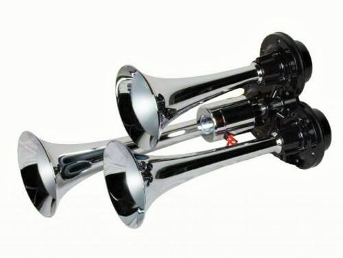 Avertisseur pneumatique triple chromé pour camion, 12/24 V, klaxon métallique à triple trompe 130 dB pour véhicules lourds