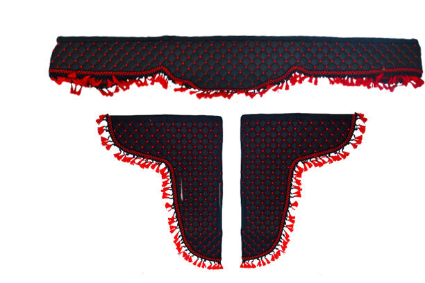 Jeu de rideaux à franges en cuir, noir avec surpiqûres rouges, décoration intérieure 3 pièces