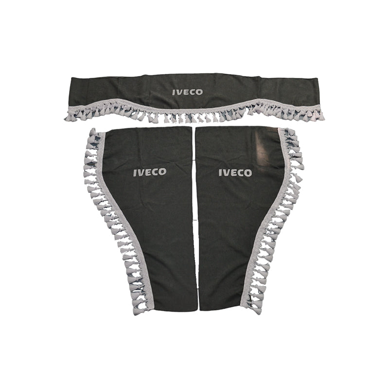 Jeu de rideaux pour camion adapté pour Iveco – 3 pièces gris avec pompons blancs et logo