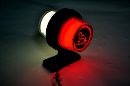 Неонова габаритна лампа – тип къс рог, червено/бяло, подходящ за MAN лого, 12/24V, 110 x 90 mm