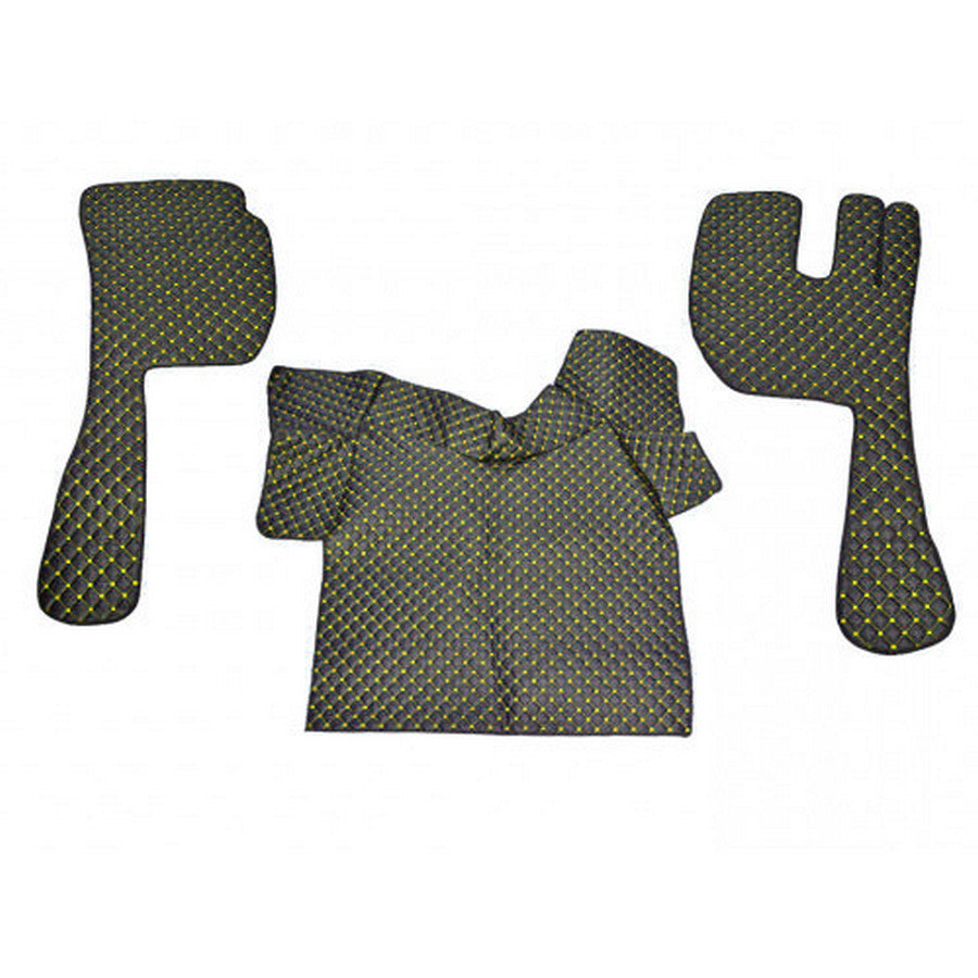 Tapis de sol en cuir synthétique (éco-cuir) pour conduite à droite – adapté pour Volvo FH12 et FH16 2002–2012, noir avec surpiqûres jaunes