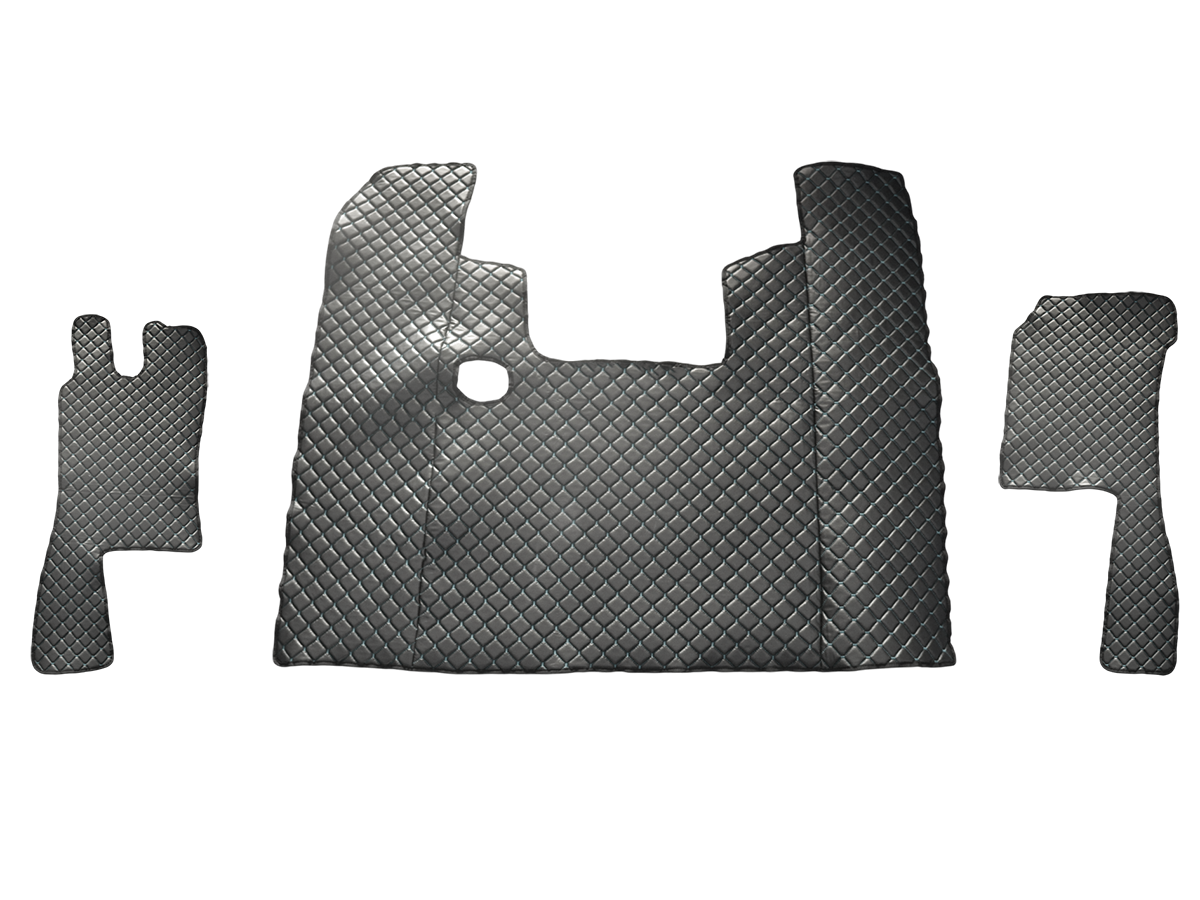 Tapis de sol en cuir synthétique (éco-cuir) – adapté pour Scania 4 Series, noir avec surpiqûres blanches, 1995–2004