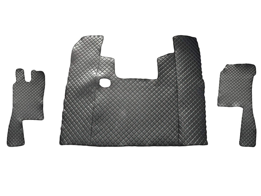 Πατάκια δαπέδου από τεχνητό δέρμα (eco leather) – κατάλληλο για Scania 4 Series, μαύρα με λευκές ραφές, 1995–2004