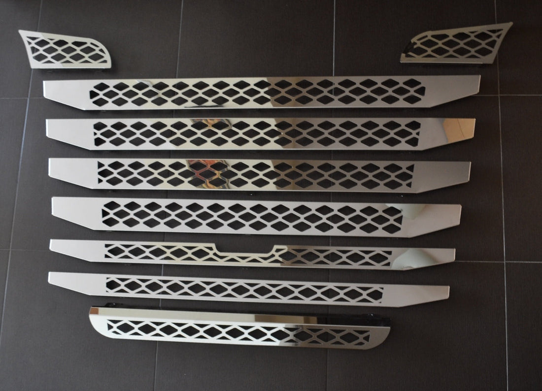 Front Grille Mesh Decoration Kit – suitable for Scania R 2010–2016, 9-Piece Stainless Steel Set