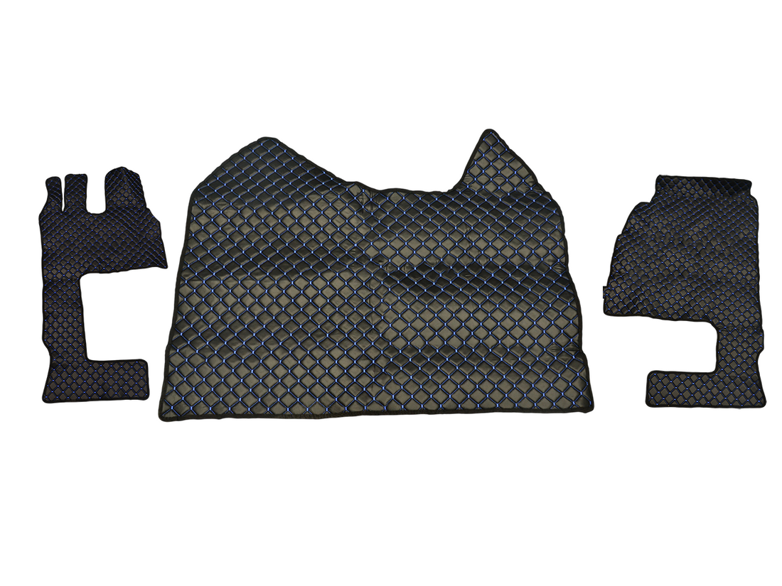 Tapis de sol en cuir – adapté pour Mercedes Actros MP4 boîte automatique 2011+, noir avec surpiqûres bleues, siège passager rabattable