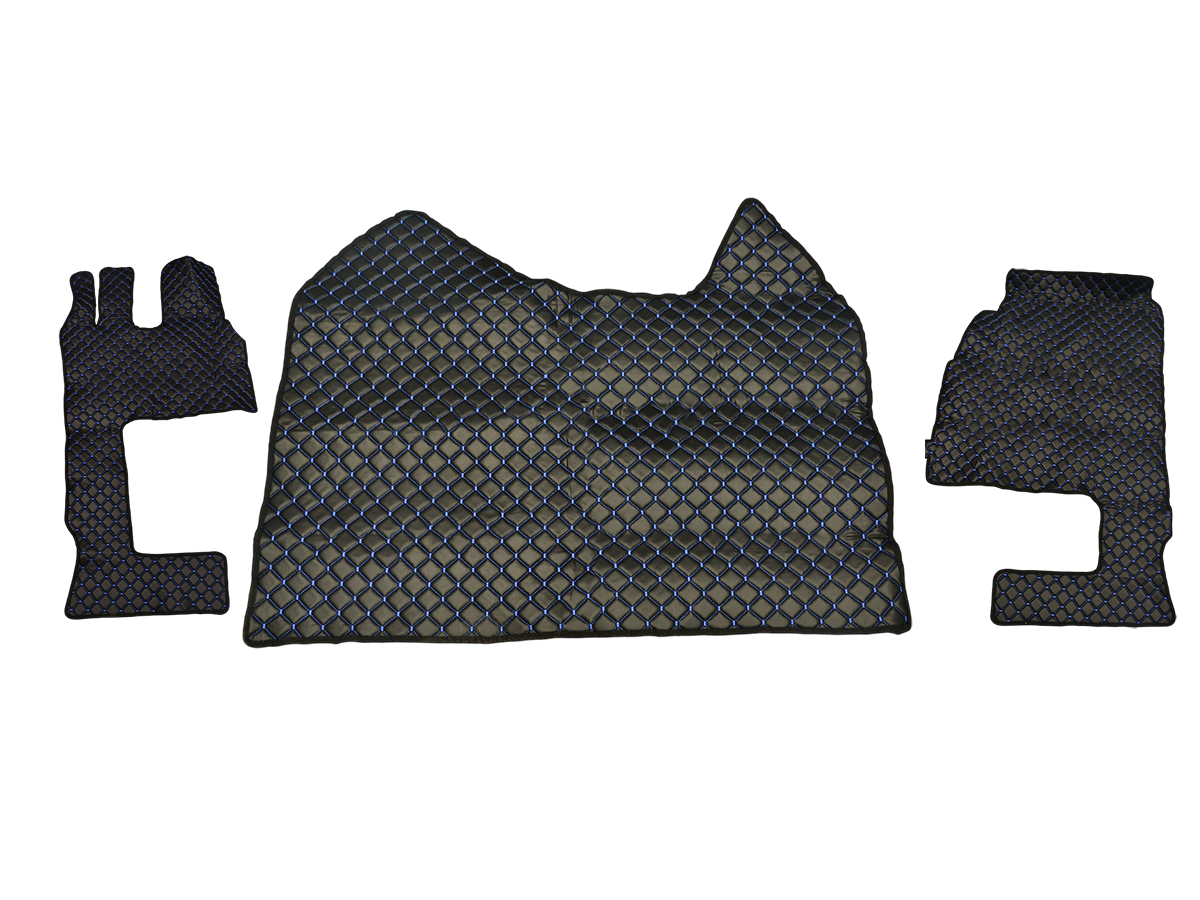 Tapis de sol en cuir – adapté pour Mercedes Actros MP4 boîte automatique 2011+, noir avec surpiqûres bleues, siège passager rabattable