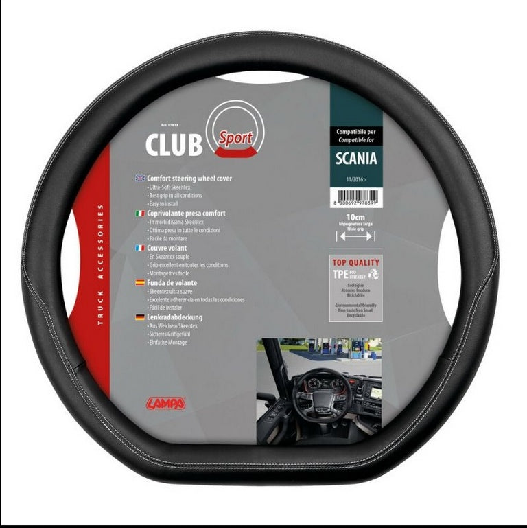 Housse de volant Club Sport en cuir – Noir avec surpiqûres blanches, 460 mm, adaptée pour Scania G/P/R/S 2016+
