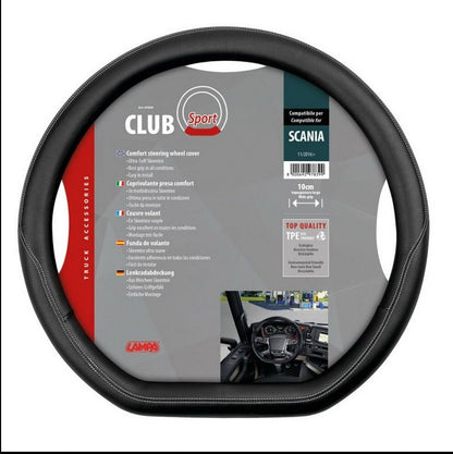 Housse de volant Club Sport en cuir – Noir avec surpiqûres blanches, 460 mm, adaptée pour Scania G/P/R/S 2016+