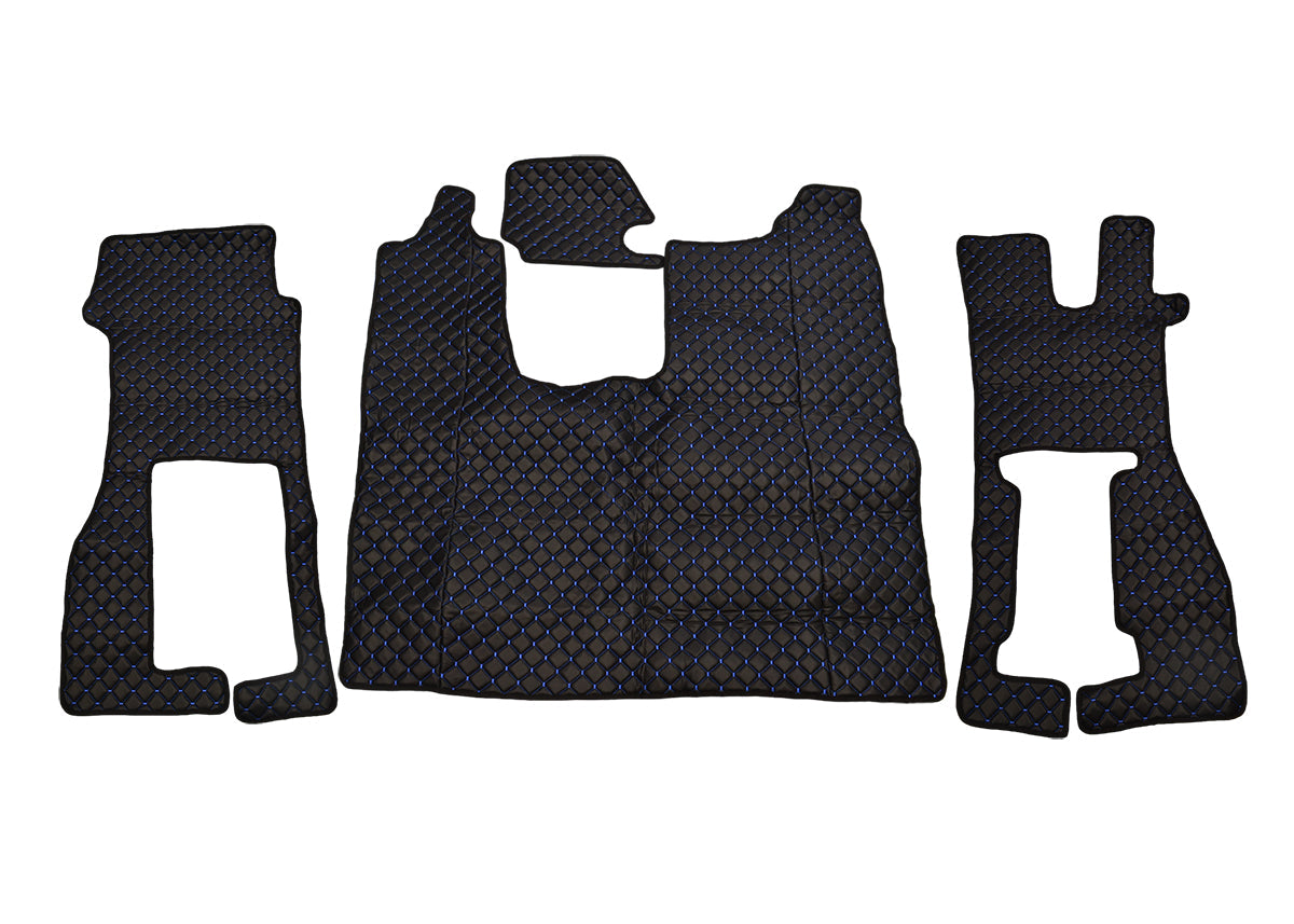 Tapis de sol droit en cuir synthétique (éco-cuir) – adapté pour Scania R, siège passager à suspension, noir avec surpiqûres bleues, 2016–