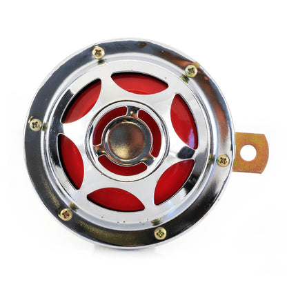 Avertisseur sonore rond en métal – 12V, 110 mm, 110 dB, chrome/rouge, universel pour véhicules
