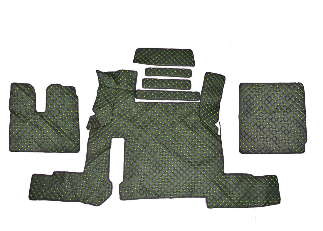 Tapis de sol en cuir – adapté pour MAN TGX Automat Two Drawers 2018-, noir avec surpiqûres vertes