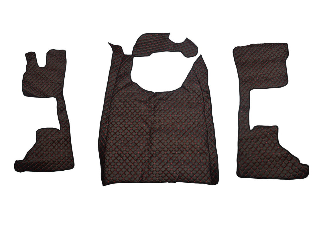 Tapis de sol antidérapant noir en cuir synthétique (éco-cuir) – adapté pour DAF XG+, siège passager à suspension pneumatique, surpiqûres rouges