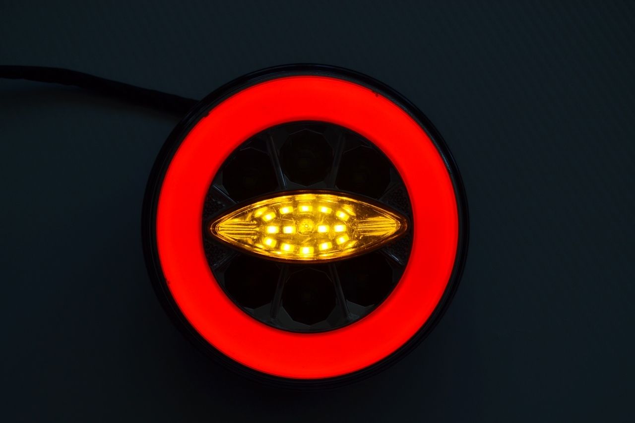 Στρογγυλός πολυβολτάτος LED νεονικός πίσω φανός τύπου hamburger, 12/24 V, 140 x 45 mm, 4 λειτουργίες