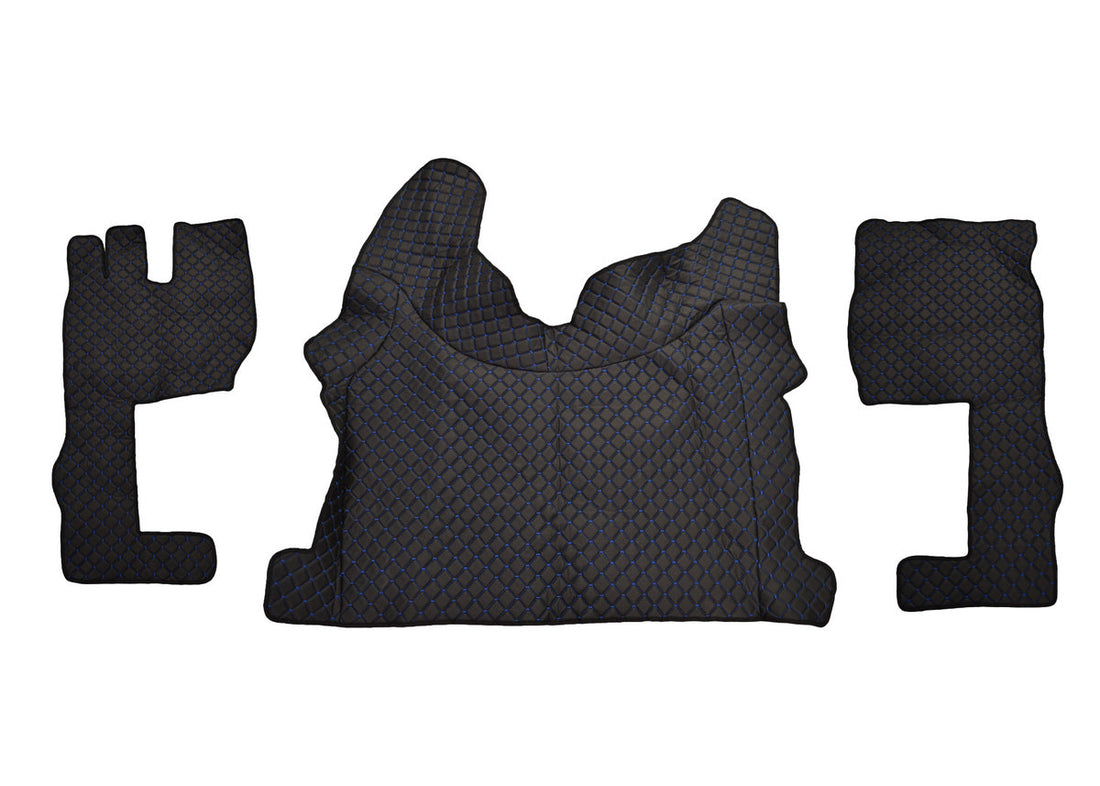 Tapis de sol en cuir synthétique (éco-cuir) noir – adapté pour Volvo FH4, coutures bleues, modèle long, 2021+