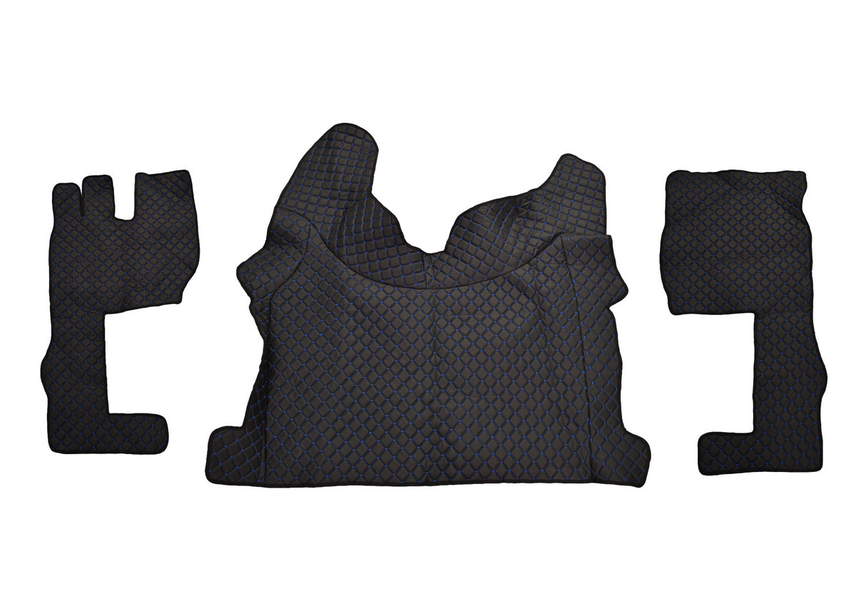 Tapis de sol en cuir synthétique (éco-cuir) noir – adapté pour Volvo FH4, surpiqûres bleues, version longue, 2021+