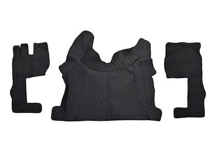 Tapis de sol en cuir synthétique (éco-cuir) noir – adapté pour Volvo FH4, surpiqûres bleues, version longue, 2021+